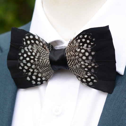 Feather Bow Tie in Black and Polka Dot | Grooms Outfit | Feather Neck Tie | Mens Gift | Black Tie | Wedding | Pheasant Feather Bow Tie
