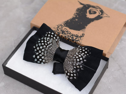Feather Bow Tie in Black and Polka Dot | Grooms Outfit | Feather Neck Tie | Mens Gift | Black Tie | Wedding | Pheasant Feather Bow Tie
