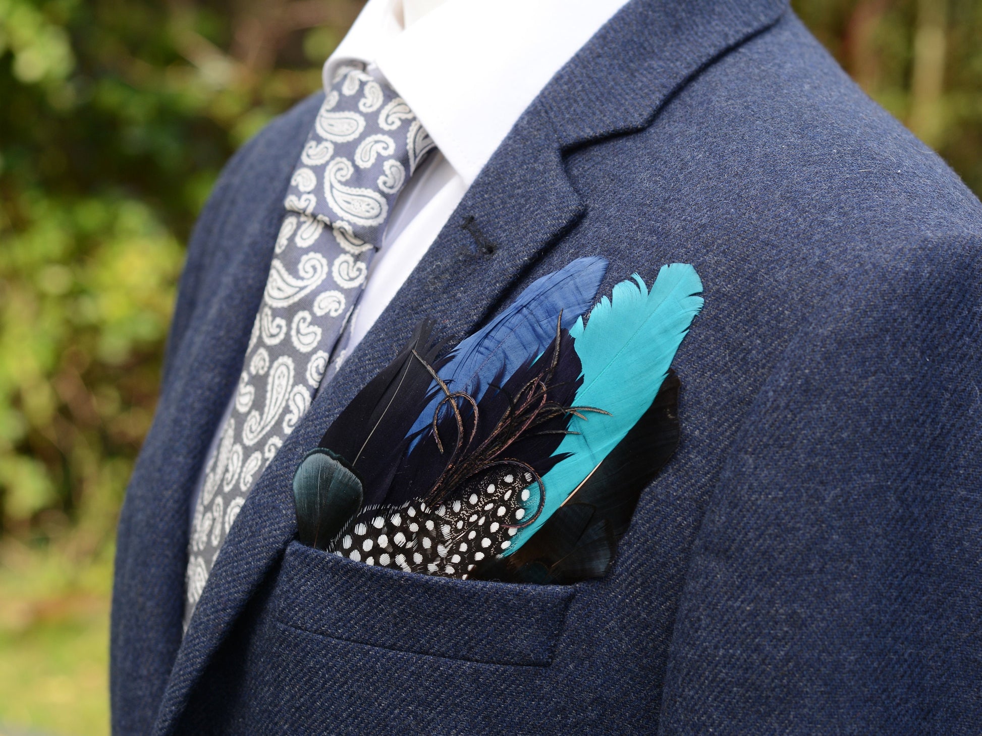 Turquoise, Navy Blue and Black Feather Pocket Square No.163 | Suit Accessory | Feather Neck Tie | Grooms Outfit | Groomsmen Gift