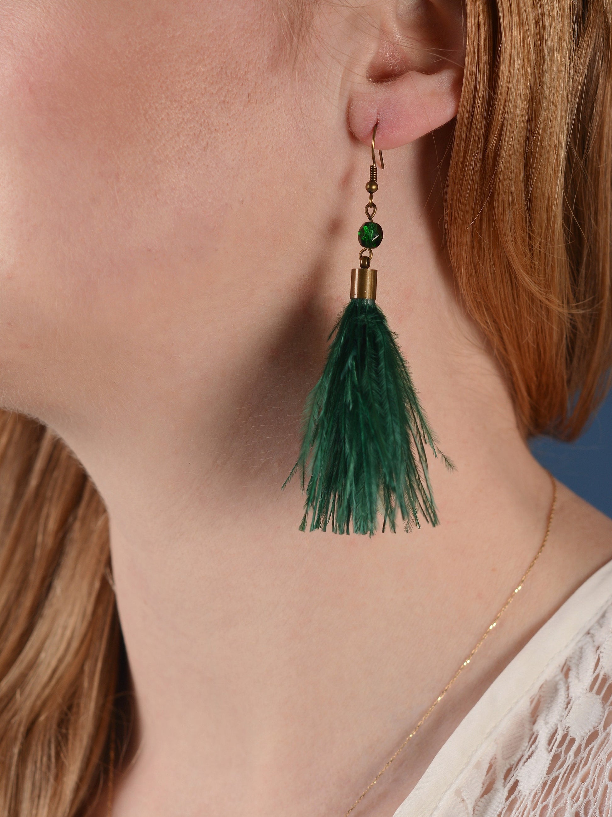 Emerald Green Ostrich Feather Tassel Long Earrings