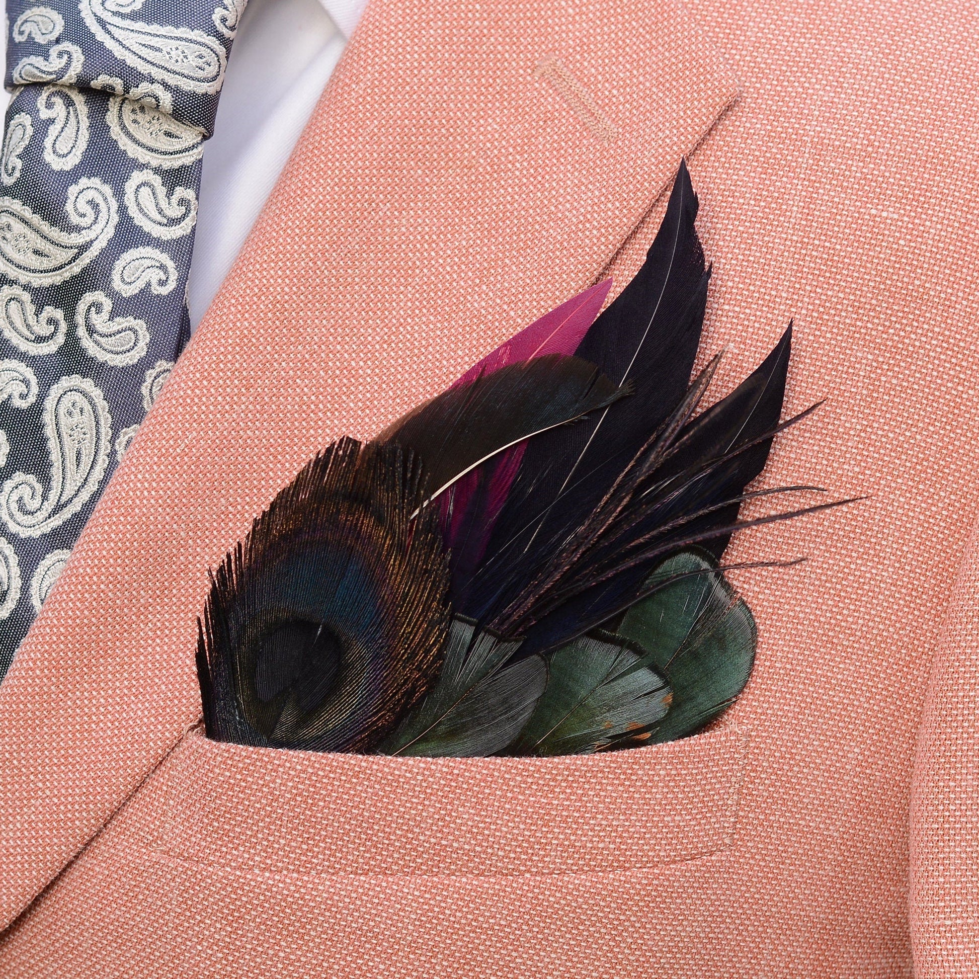 Deep Navy and Purple Feather Pocket Square No.175 | Suit Accessory | Feather Neck Tie | Grooms Outfit | Groomsmen Gift