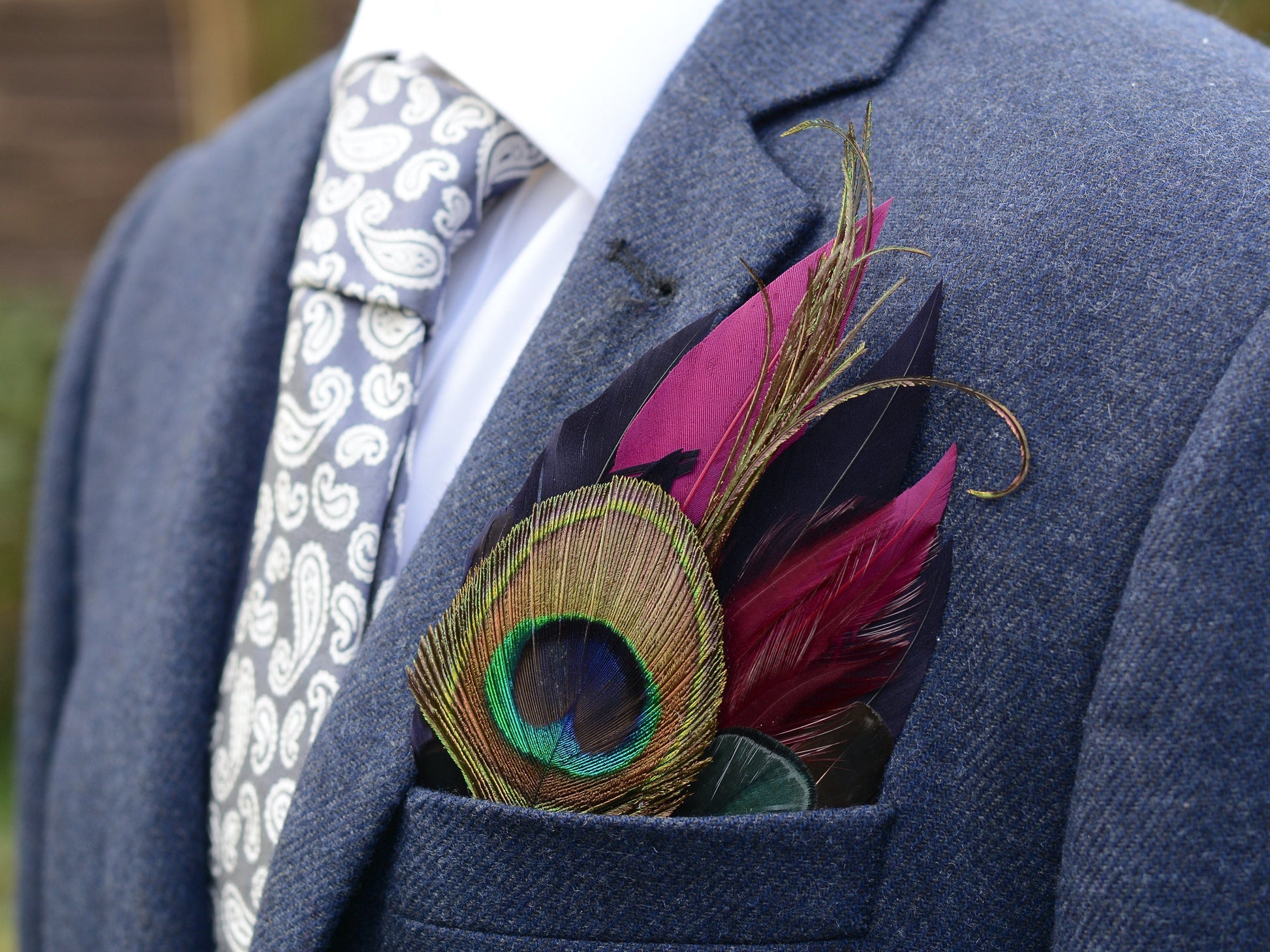 Plum Purple, Midnight Blue and Peacock Feather Pocket Square No.166 | Suit Accessory | Grooms Outfit | Groomsmen | Wedding