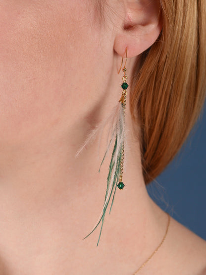 Delicate Emerald Green and Blush Pink Ostrich FeatherTassel Earrings