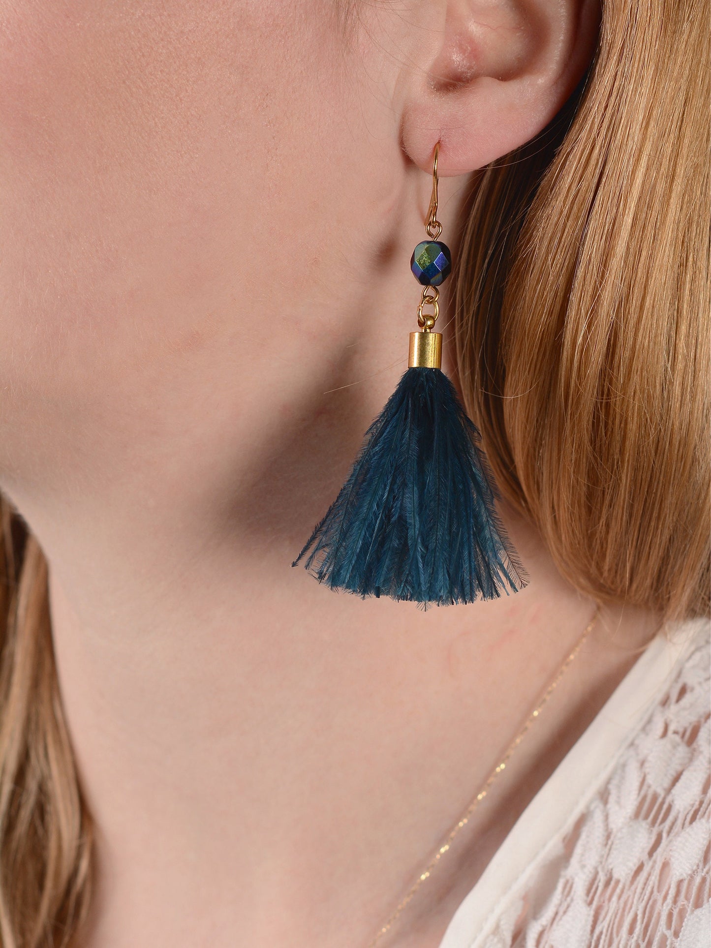 Navy Blue Ostrich Feather Tassel Earrings | Feather Jewellery | Long Earrings