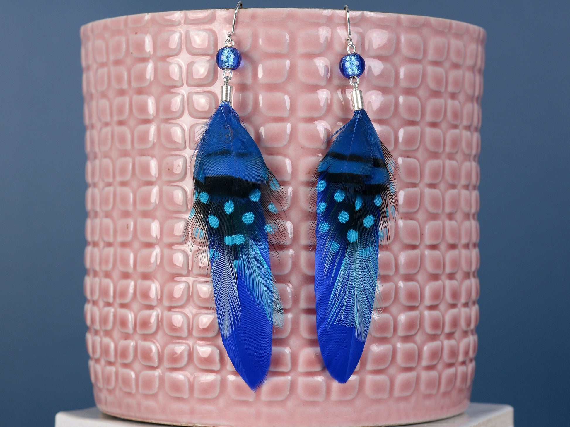 Bright Cobalt Blue Long Feather Earrings