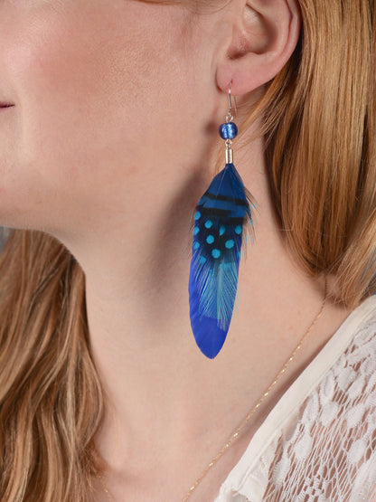 Bright Cobalt Blue Long Feather Earrings