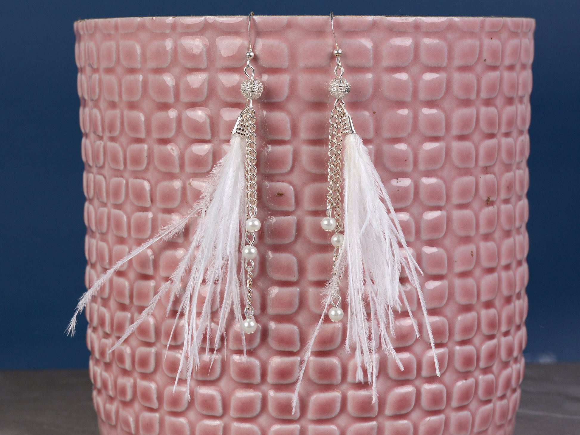 Bridal White Ostrich Feather Tassel Earrings with Pearls and Silver Beads