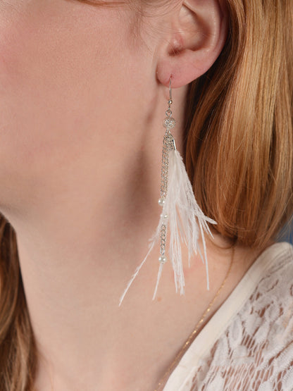 Bridal White Ostrich Feather Tassel Earrings with Pearls and Silver Beads