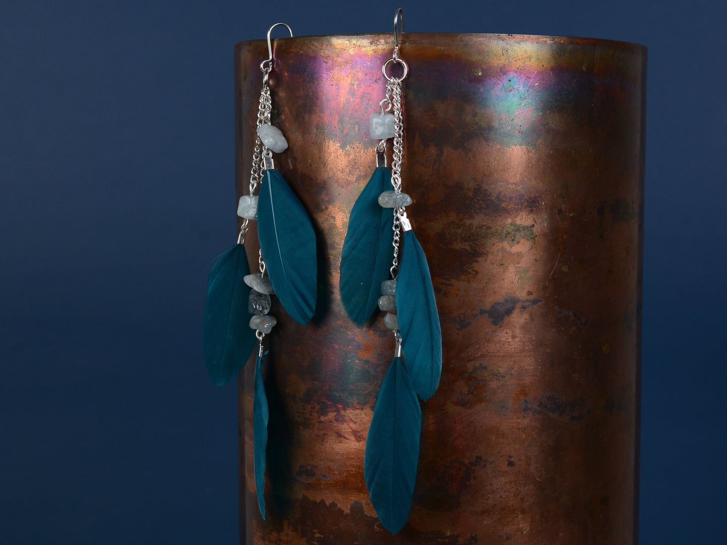 Long Teal Turquoise Drop Feather Earrings with Aquamarine Stone Chip Beads