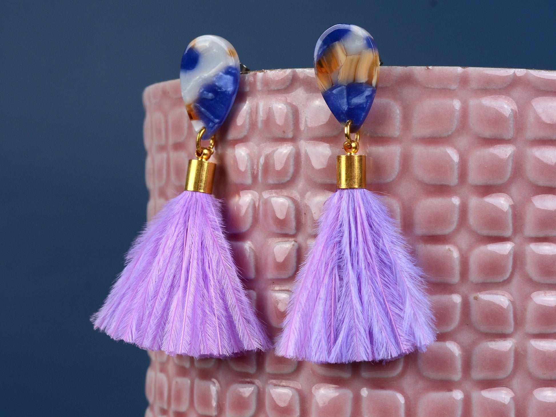 Statement Acetate Teardrop and Ostrich Feather Lilac Tassel Earrings