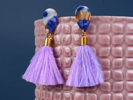 Statement Acetate Teardrop and Ostrich Feather Lilac Tassel Earrings