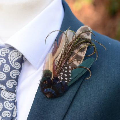 Navy Blue and Pheasant Feather Lapel Pin / Hat Pin No.162 | Unique Pheasant Feather Boutonniere | Duck Feather Brooch