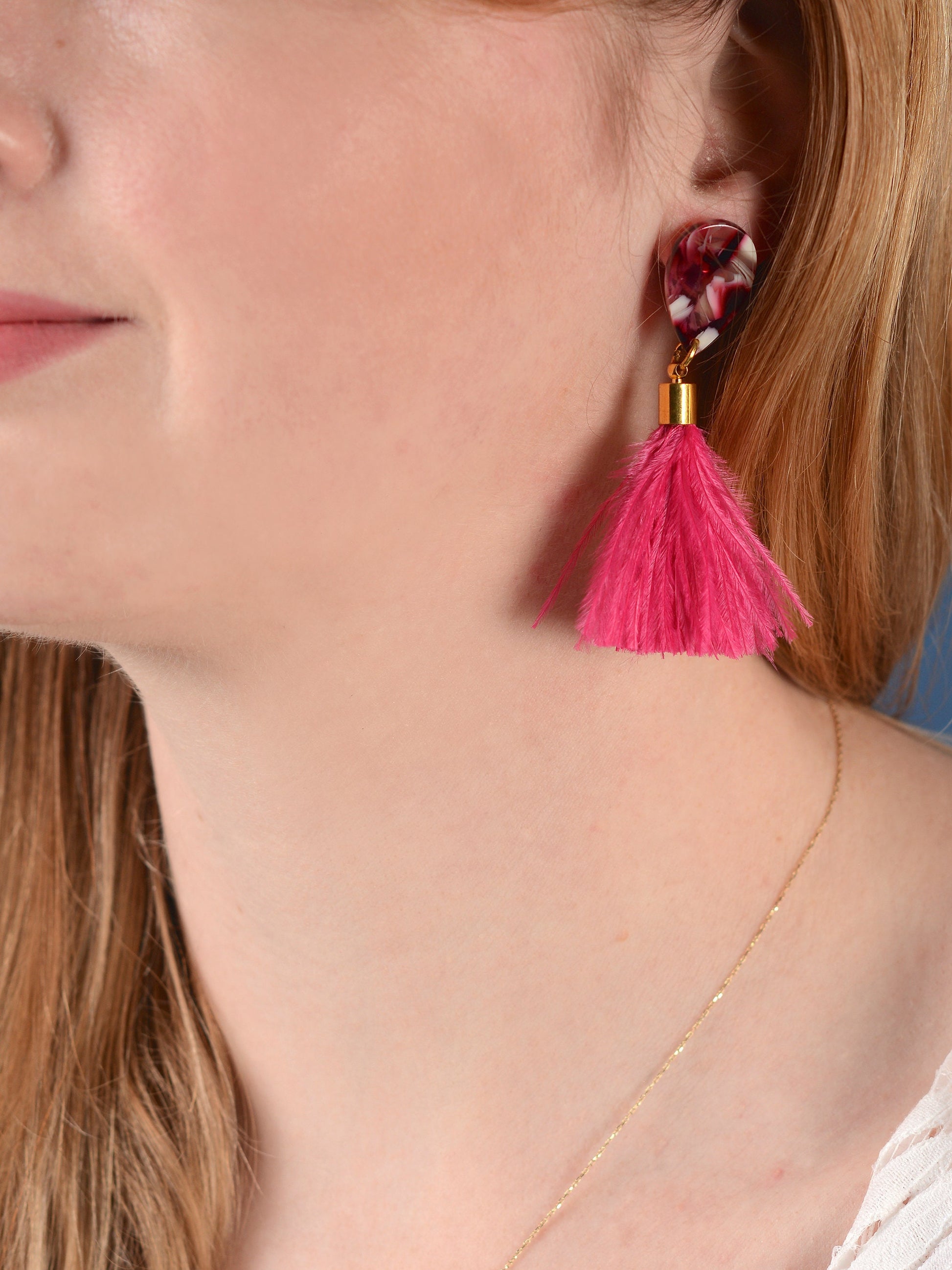 Hot Magenta Pink Ostrich Fluffy Feather Tassel Earrings