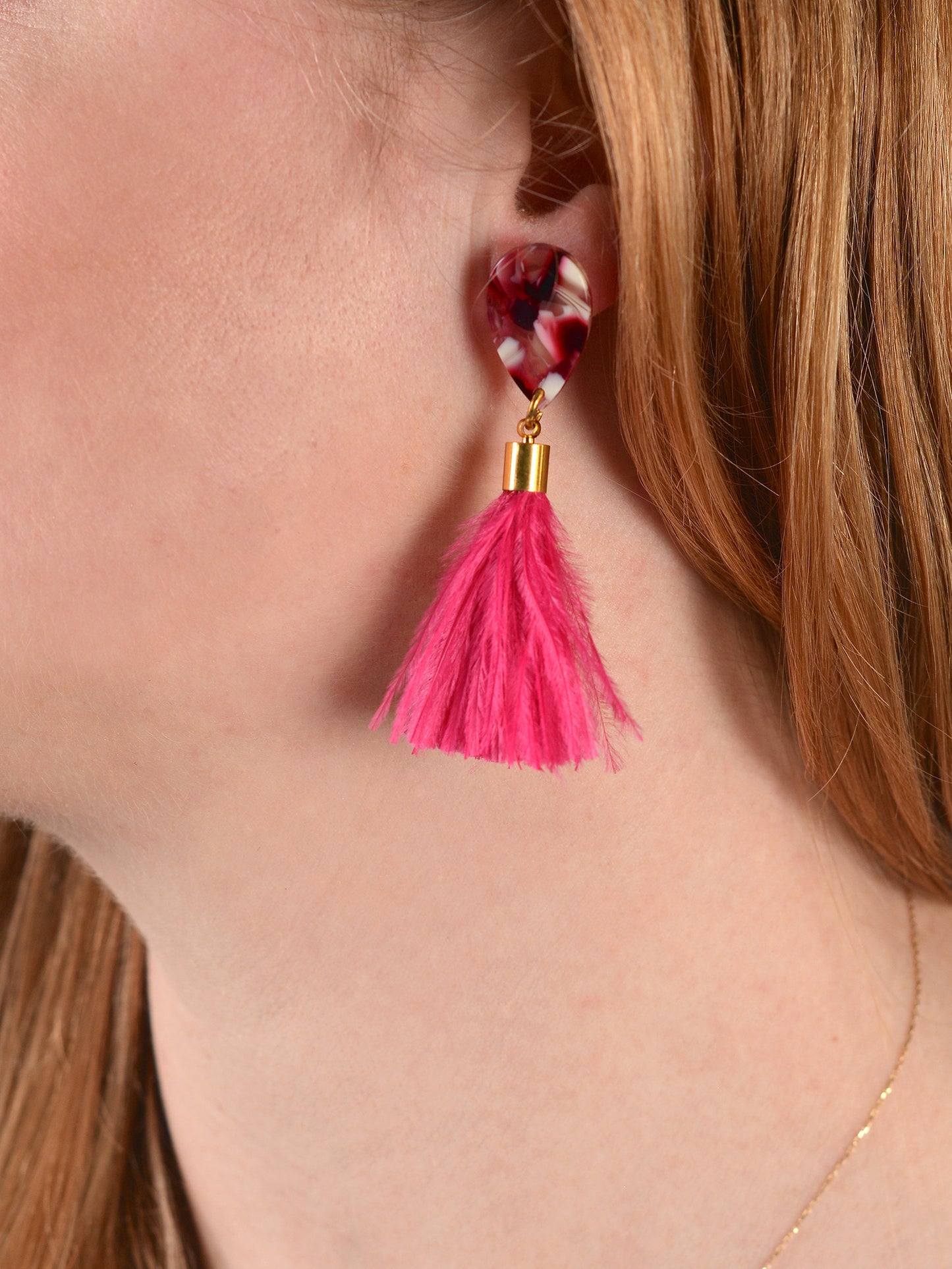 Hot Magenta Pink Ostrich Fluffy Feather Tassel Earrings