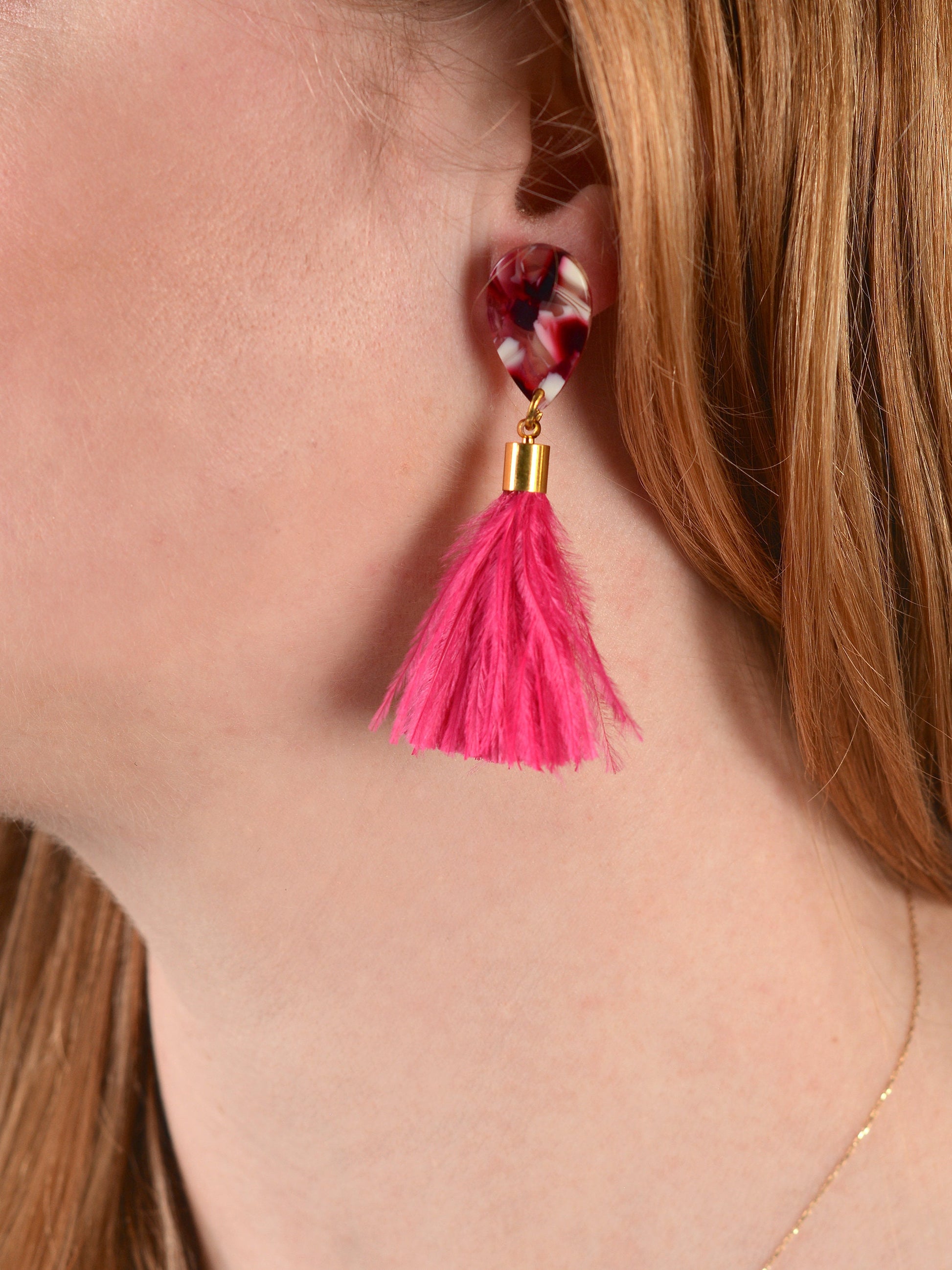 Hot Magenta Pink Ostrich Fluffy Feather Tassel Earrings