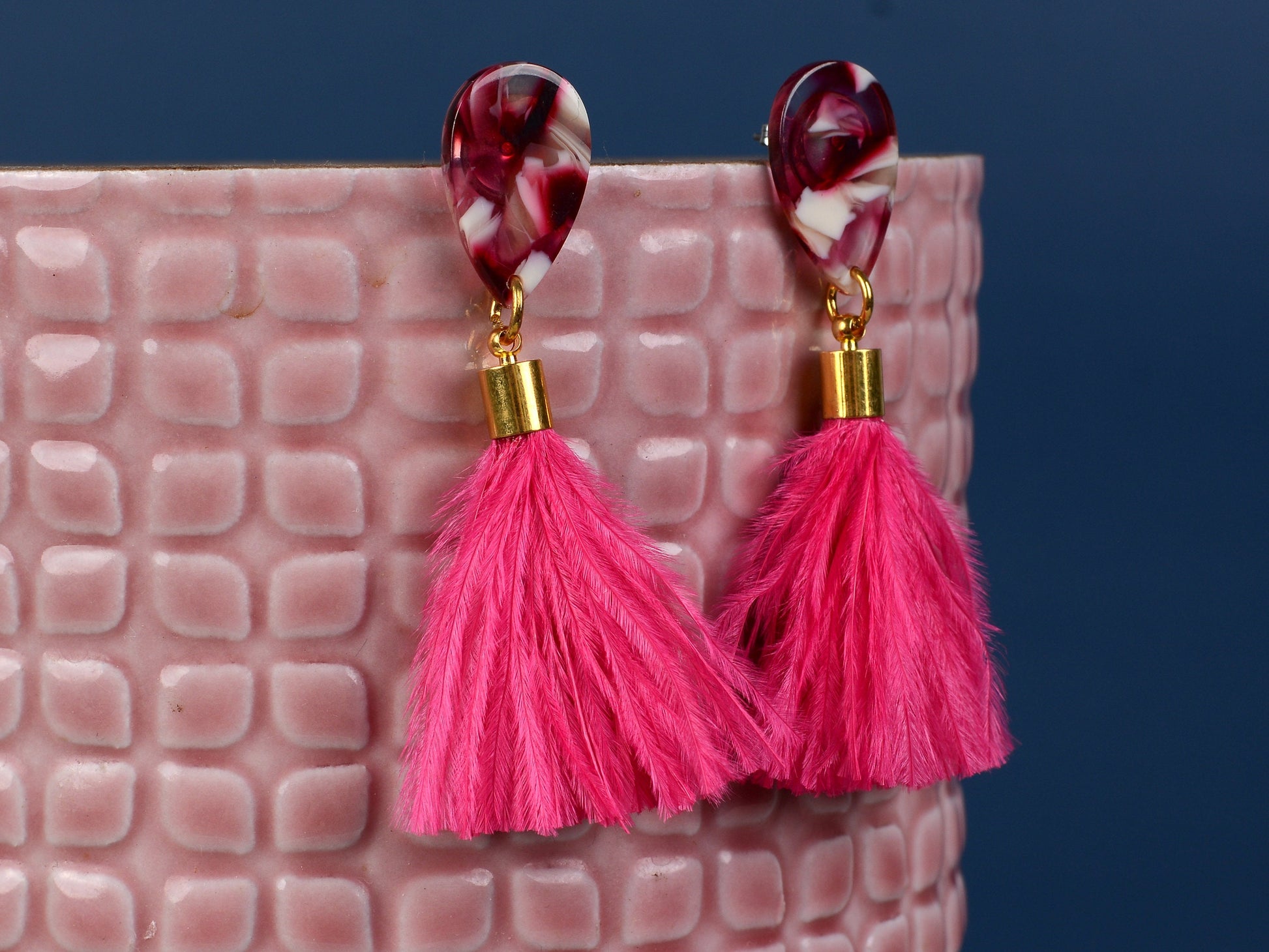 Hot Magenta Pink Ostrich Fluffy Feather Tassel Earrings