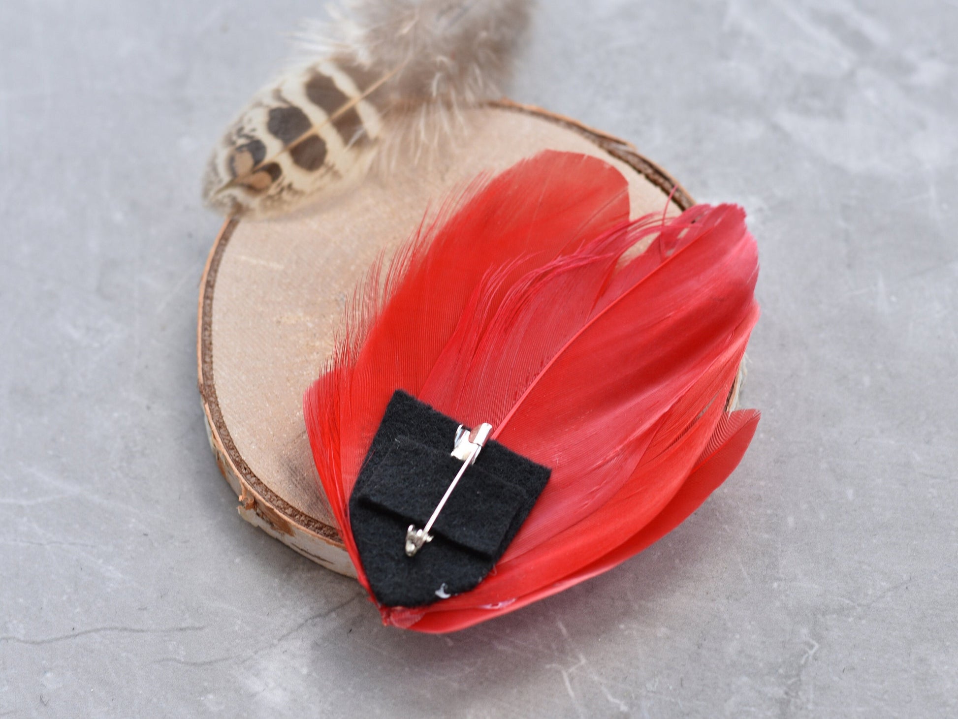 Red Feather Lapel Pin / Hat Pin No.129 | Unique Feather Boutonniere | Feather Brooch
