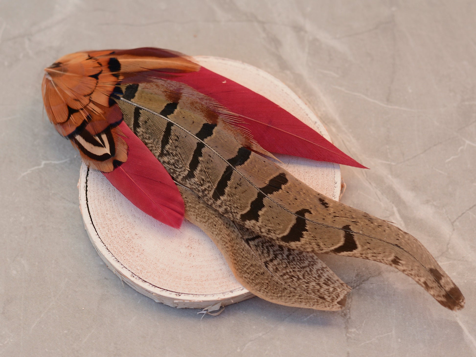 Large Copper Pheasant and Crimson Goose Feather Boutonniere / Hat Pin No.257 | Unique Hat Feather