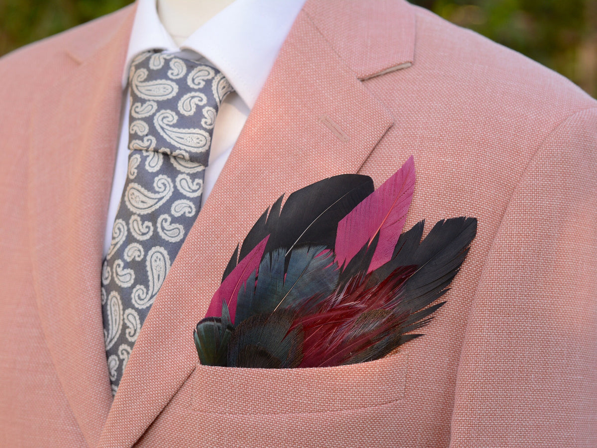 Deep Black, Navy and Burgundy Feather Pocket Square No.169 | Suit Accessory | Feather Neck Tie | Grooms Outfit | Groomsmen Gift