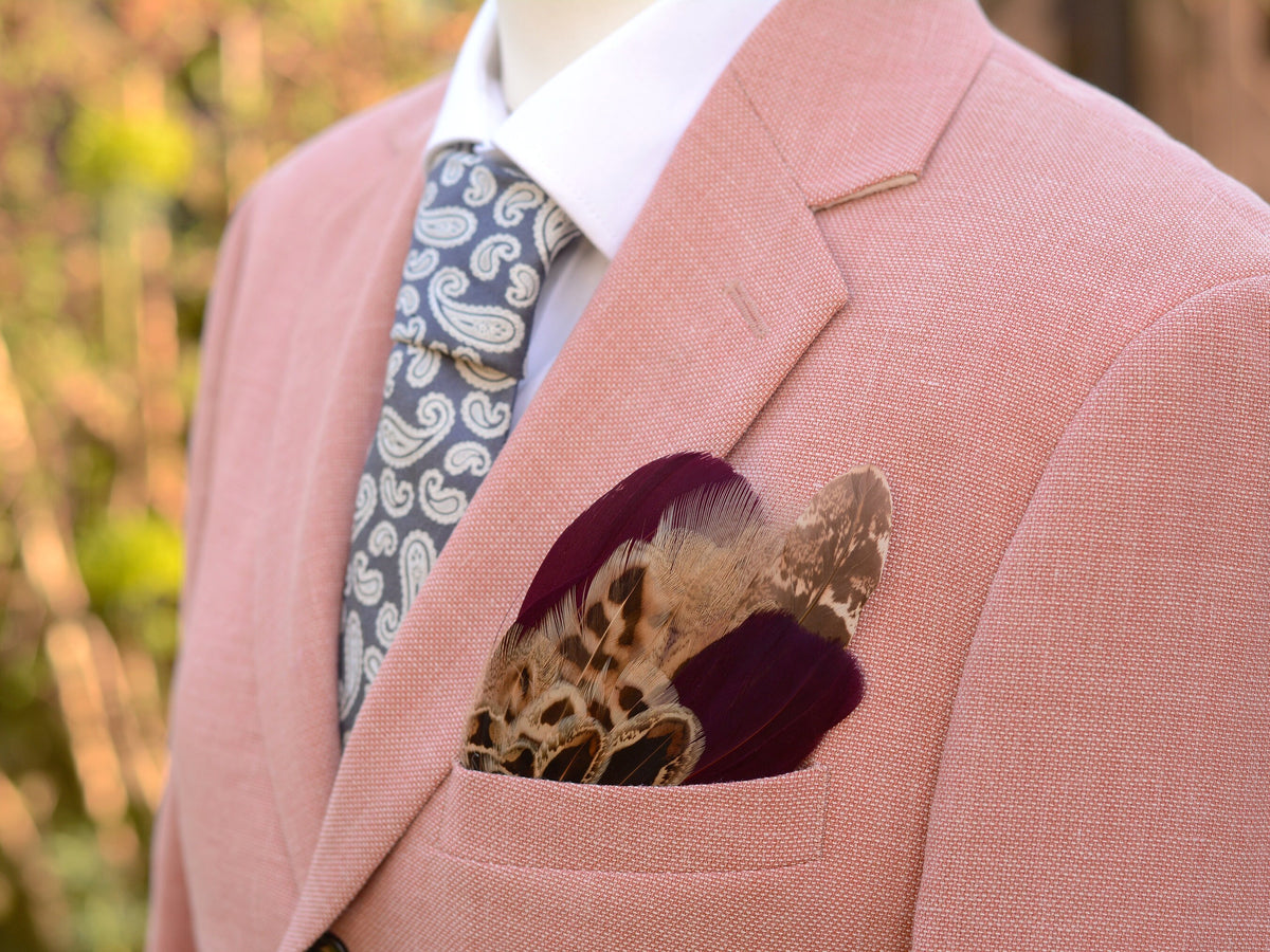 Burgundy and Blonde Pheasant Feather Pocket Square No.196 | Suit Accessory | Feather Neck Tie | Grooms Outfit | Groomsmen Gift | Wedding