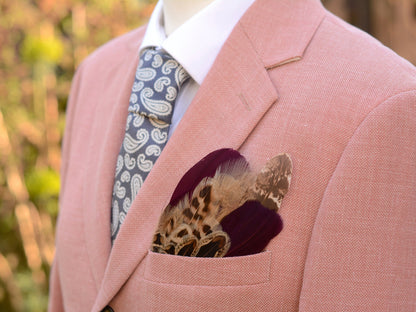Burgundy and Blonde Pheasant Feather Pocket Square No.196 | Suit Accessory | Feather Neck Tie | Grooms Outfit | Groomsmen Gift | Wedding