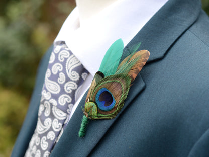 Green Pheasant and Peacock Feather Pin | Peacock Feather Boutonniere | Peacock Feather Brooch