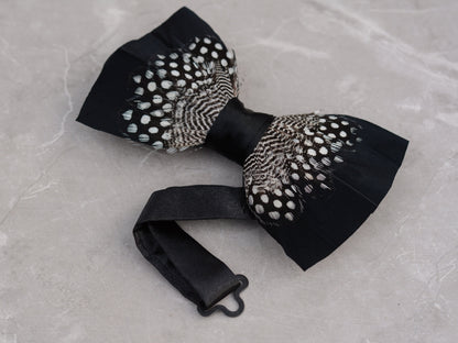 Feather Bow Tie in Black and Polka Dot | Grooms Outfit | Feather Neck Tie | Mens Gift | Black Tie | Wedding | Pheasant Feather Bow Tie
