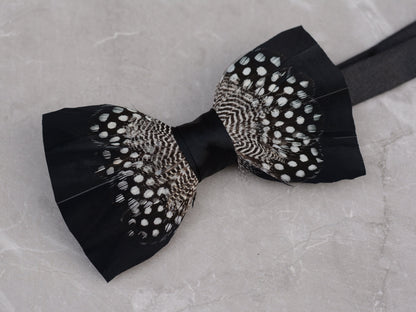 Feather Bow Tie in Black and Polka Dot | Grooms Outfit | Feather Neck Tie | Mens Gift | Black Tie | Wedding | Pheasant Feather Bow Tie