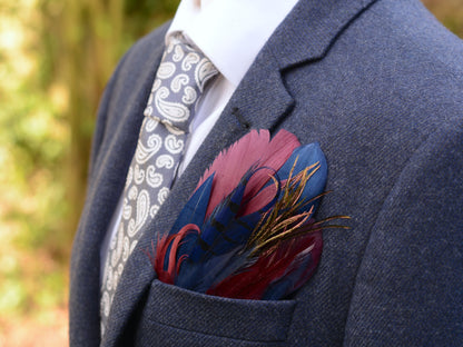 Navy Blue and Burgundy Goose and Pheasant Feather Pocket Square No.183 | Suit Accessory | Feather Neck Tie | Grooms Outfit | Groomsmen Gift
