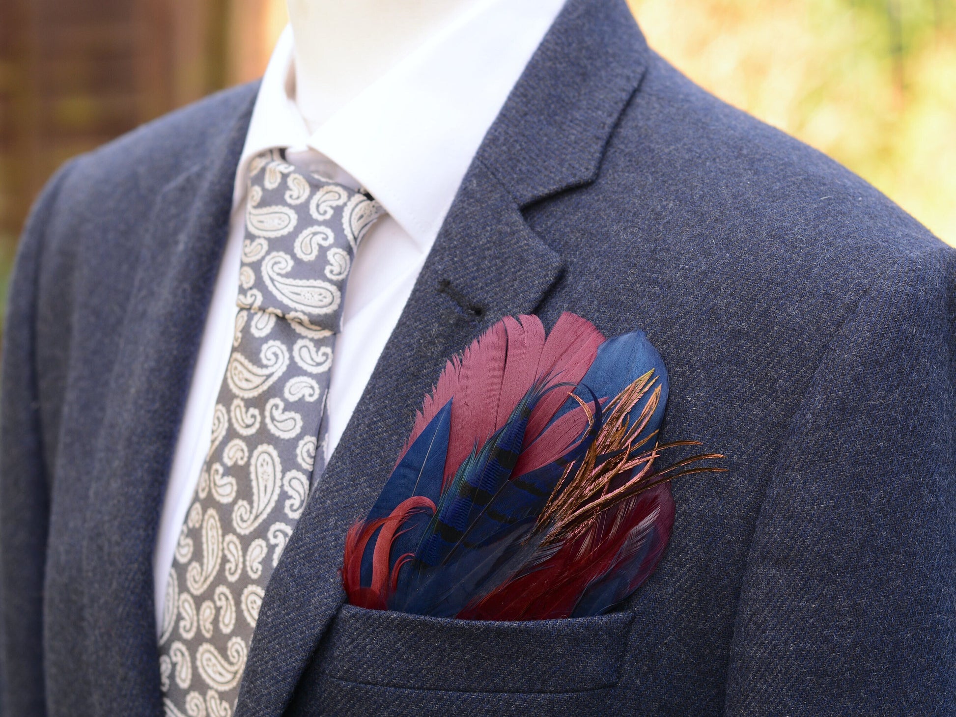 Navy Blue and Burgundy Goose and Pheasant Feather Pocket Square No.183 | Suit Accessory | Feather Neck Tie | Grooms Outfit | Groomsmen Gift