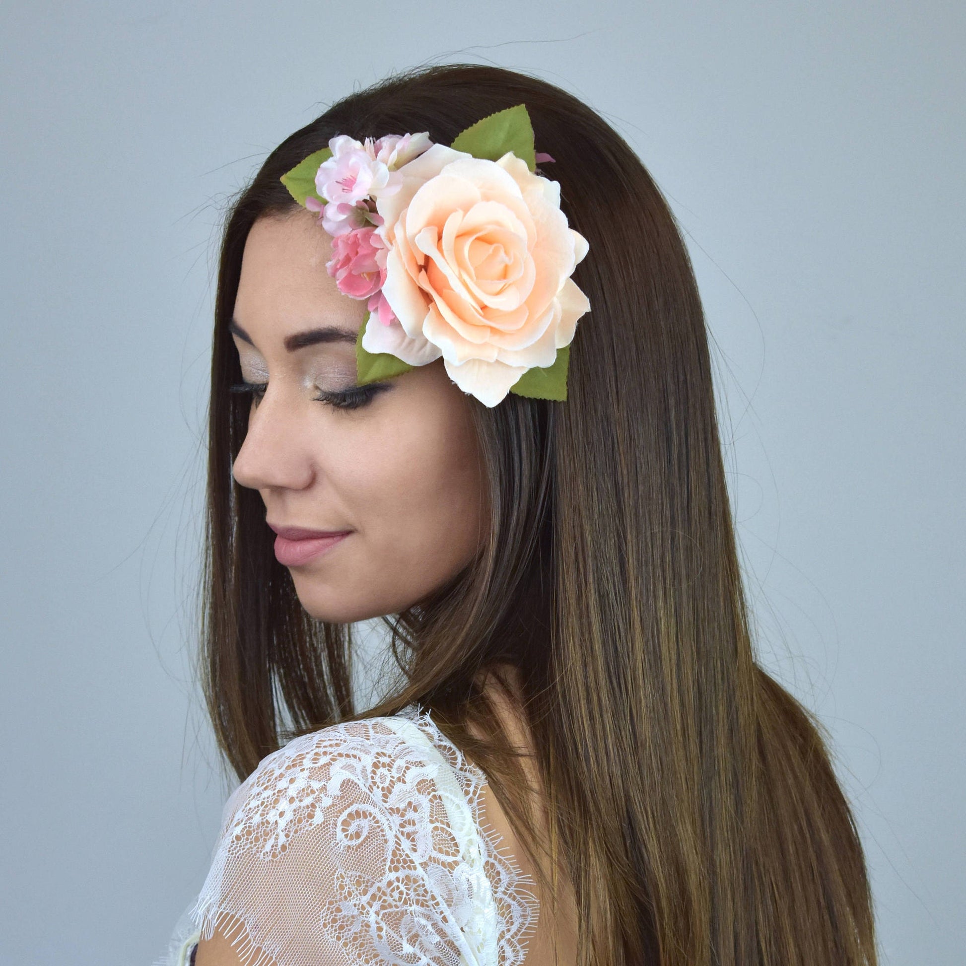 Peach and Pink Rose Hair Clip | Bridal Headpiece | Floral Headpiece | Bridal Hair Clip | Flower Headpiece | Flower Hair Clip