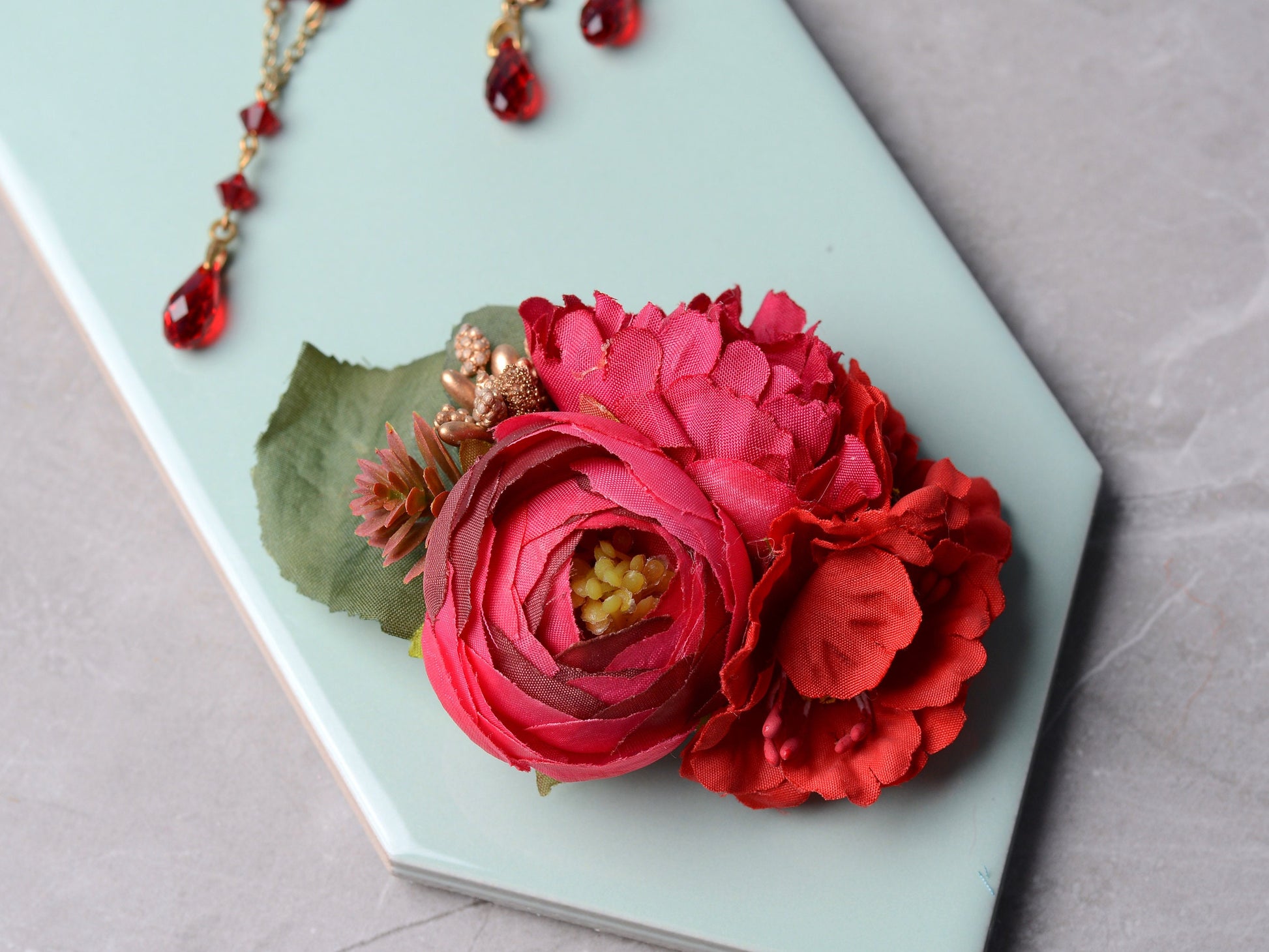 Red and Gold Ranunculus Hair Clip | Silk Flower Hair Clip | Bridal Hair Clip | Bridesmaids Hair Clip | Floral Headpiece