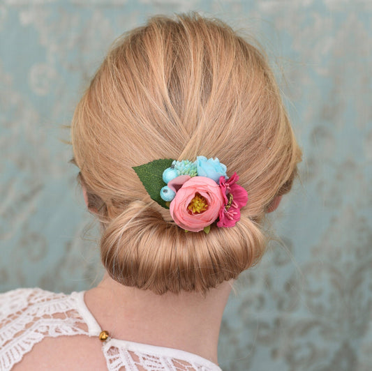 Flower Hair Clip in Pink and Blue | Silk Flower Hair Clip | Bridal Hair Clip | Bridesmaids Hair Clip | Floral Headpiece | Flower Girl