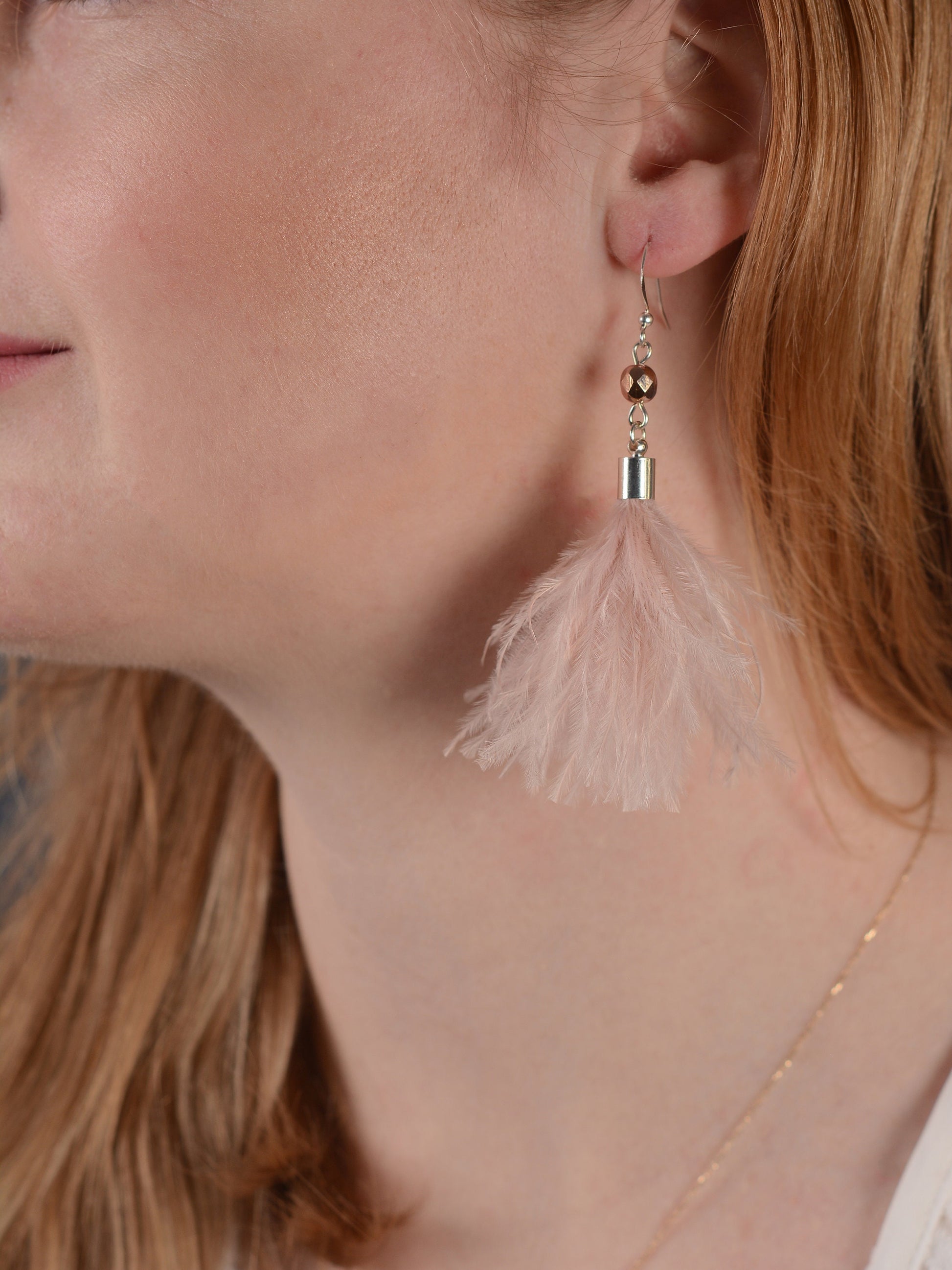 Powder Puff Blush Pink Ostrich FeatherTassel Earrings