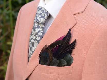 Deep Navy and Purple Feather Pocket Square No.175 | Suit Accessory | Feather Neck Tie | Grooms Outfit | Groomsmen Gift
