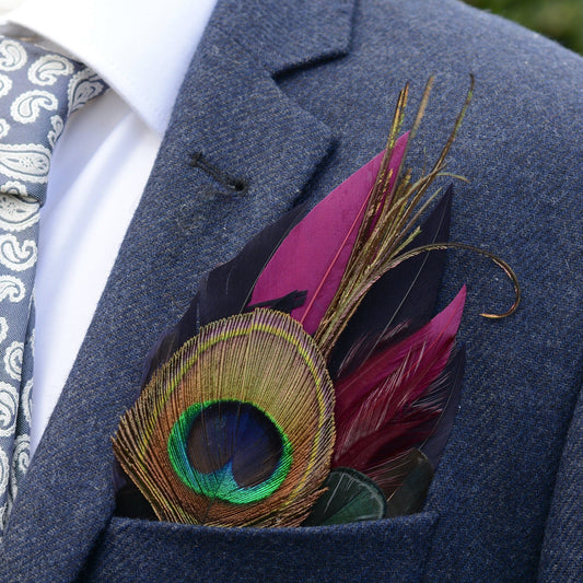 Plum Purple, Midnight Blue and Peacock Feather Pocket Square No.166 | Suit Accessory | Grooms Outfit | Groomsmen | Wedding