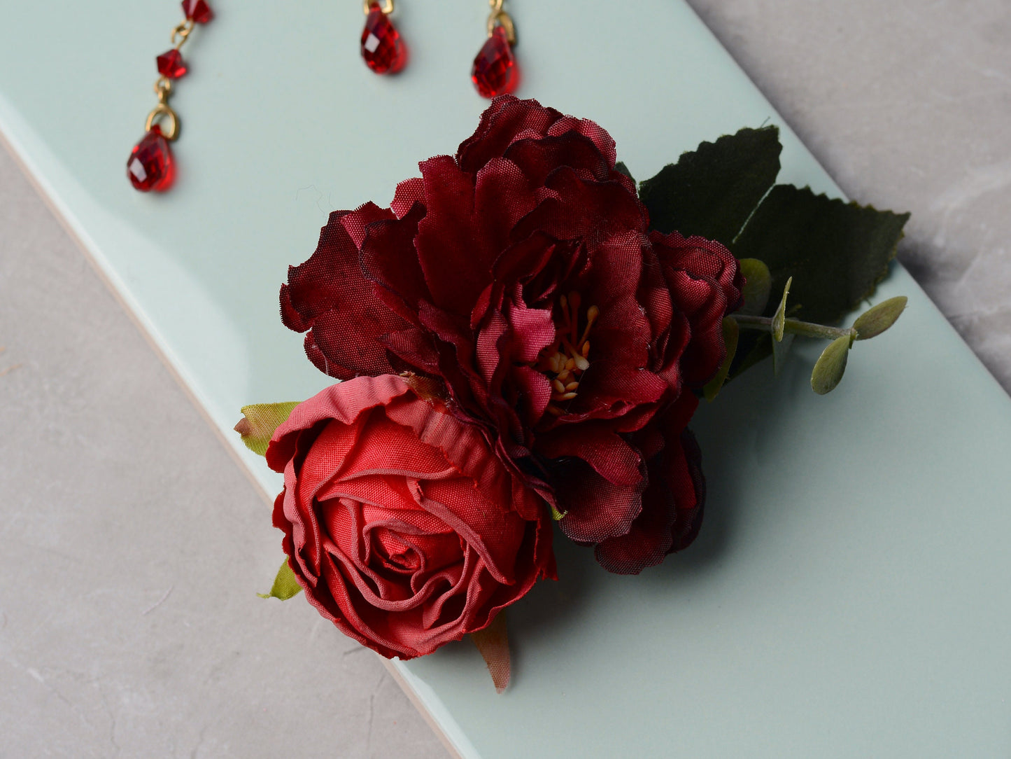 Crimson Red Peony and Rose Flower Hair Clip | Bridal Hair Clip
