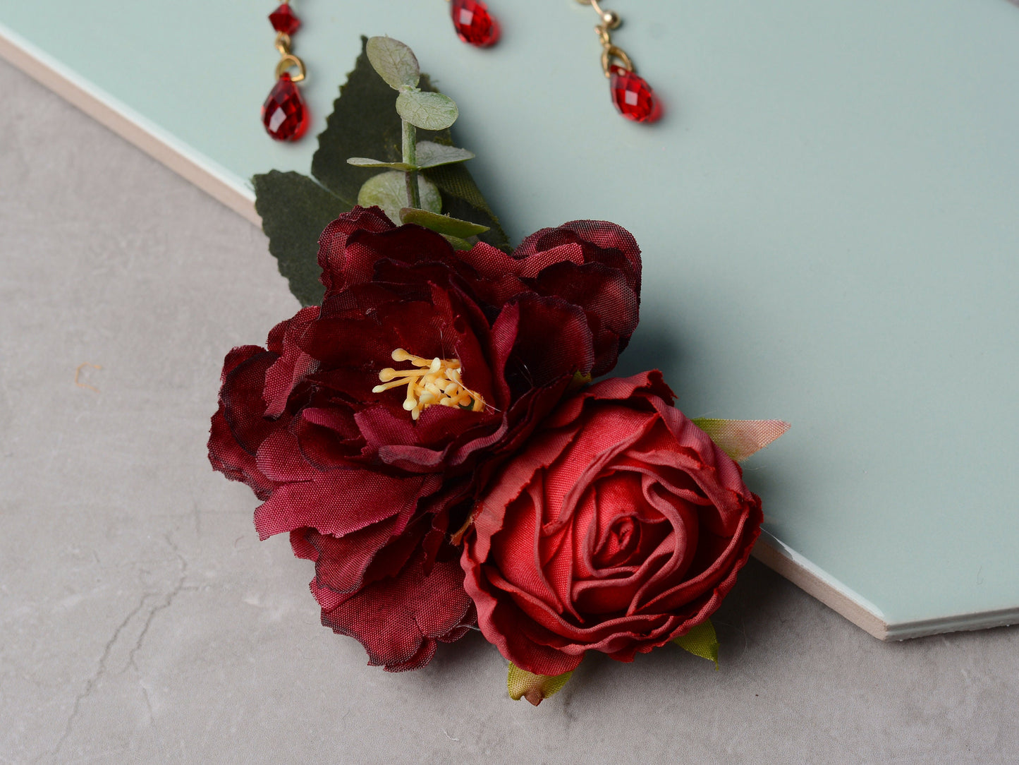 Crimson Red Peony and Rose Flower Hair Clip | Bridal Hair Clip