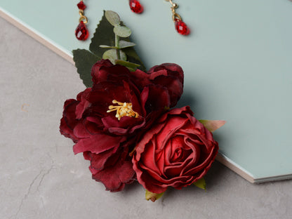 Crimson Red Peony and Rose Flower Hair Clip | Bridal Hair Clip