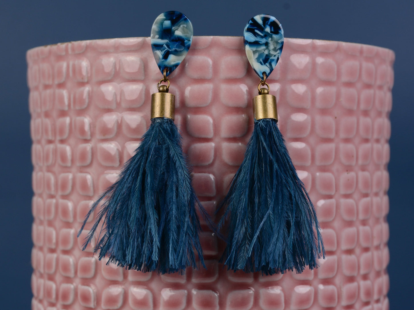 Navy Blue Acetate and Ostrich Feather Tassel Earrings | Festival Earrings | Feather Jewellery | Wedding Jewellery | Long Earrings