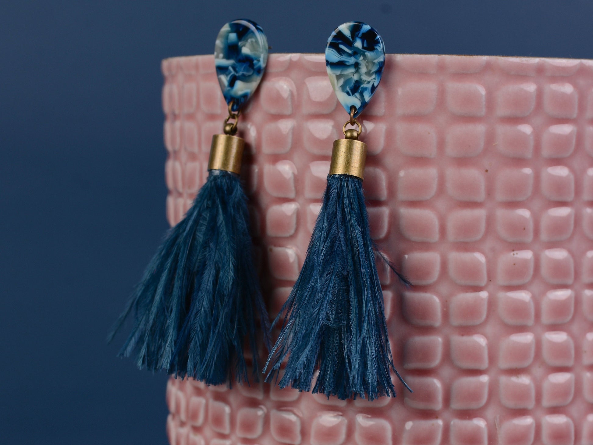 Navy Blue Acetate and Ostrich Feather Tassel Earrings | Festival Earrings | Feather Jewellery | Wedding Jewellery | Long Earrings