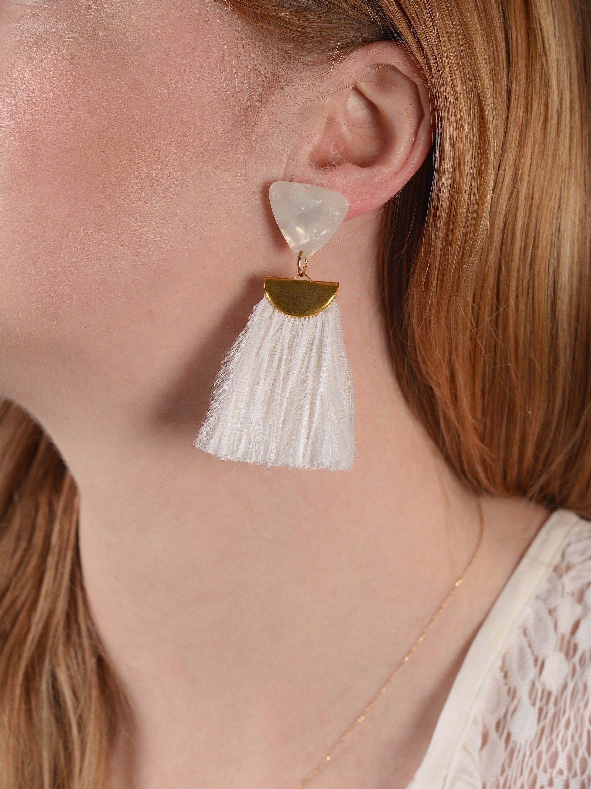 Statement Pearl White Acetate and Ostrich Feather Tassel Earrings