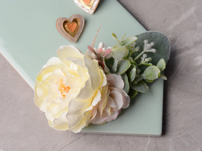 Ivory Peony Flower Hair Clip with Eucalyptus | Bridesmaids Hair Clip | Bridal Hair Clip | Flower Bun Clip | Pink Hair Clip