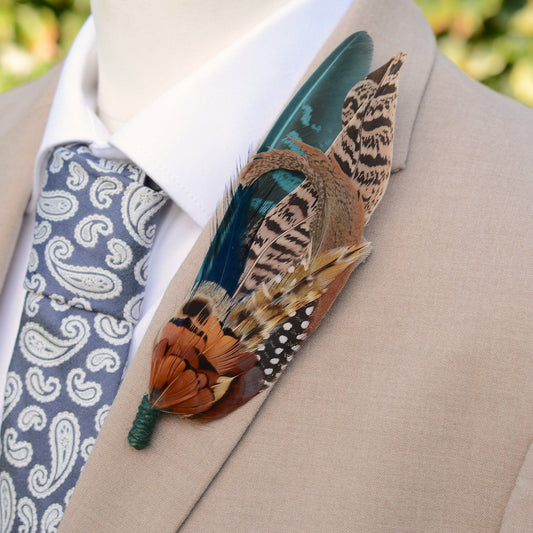 Pheasant Feather Hat Pin in Gren and Coper No.304 | Unique Pheasant Feather Boutonniere | Feather Brooch