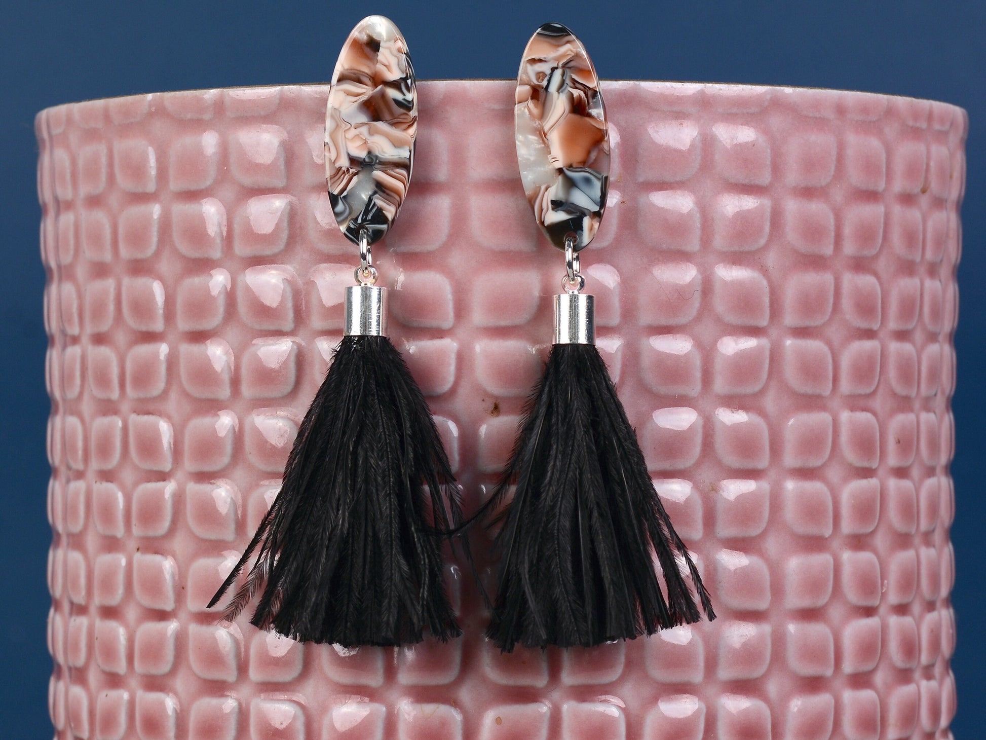 Black and Blush Pink Oval Acetate and Ostrich Feather Tassel Earrings