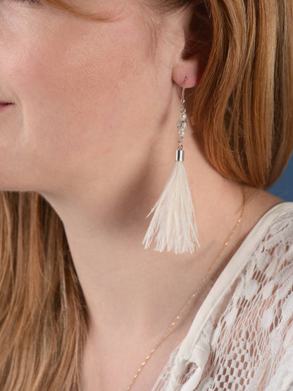White Ostrich Feather Tassel Earrings with Pearls and Silver Beads