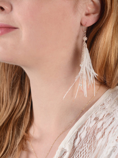 Bridal White Ostrich Feather Tassel Earrings with Pearls and Silver Beads