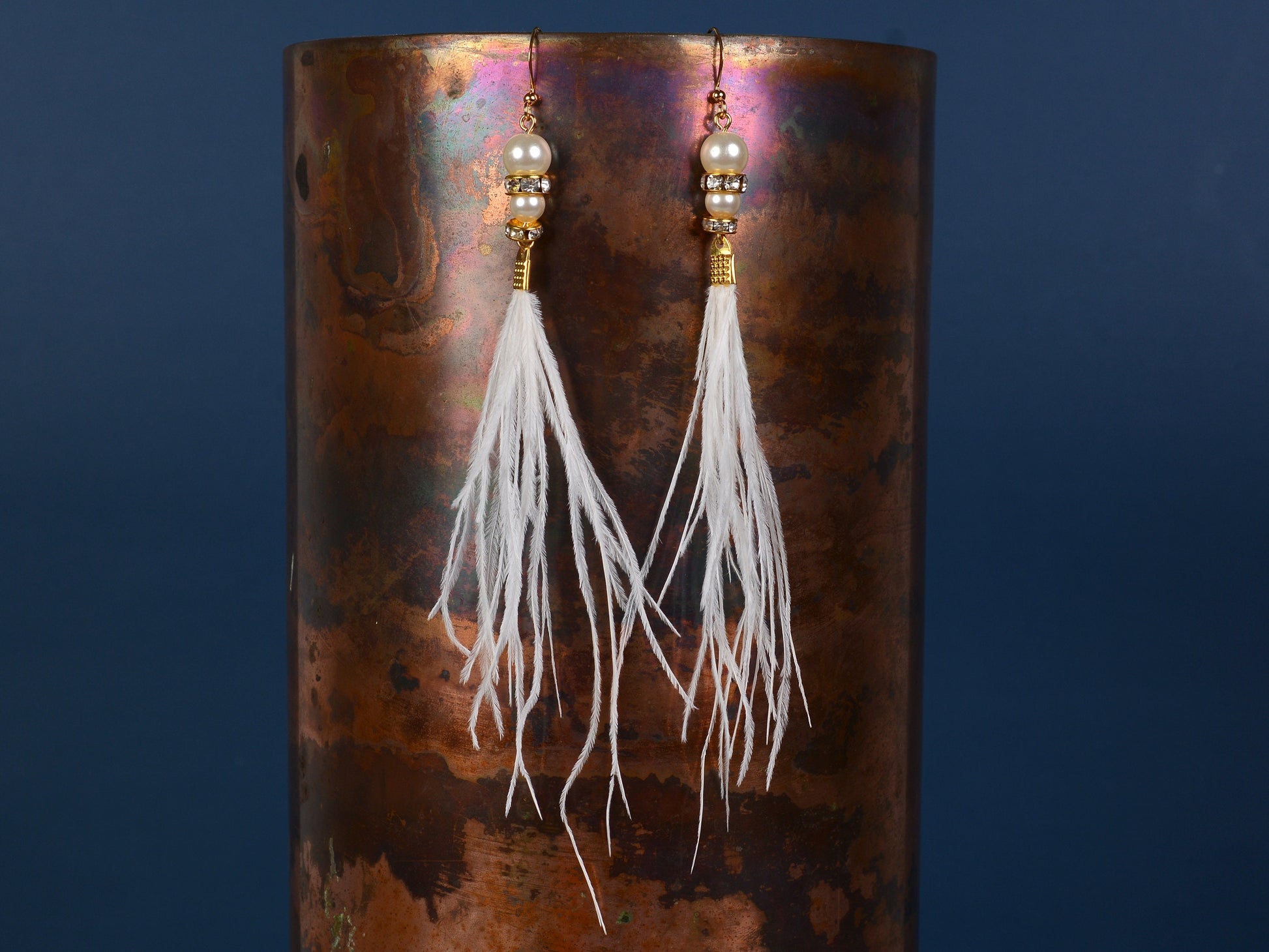 Long White Ostrich Feather Earrings with Pearl and Crystal Detail in Gold