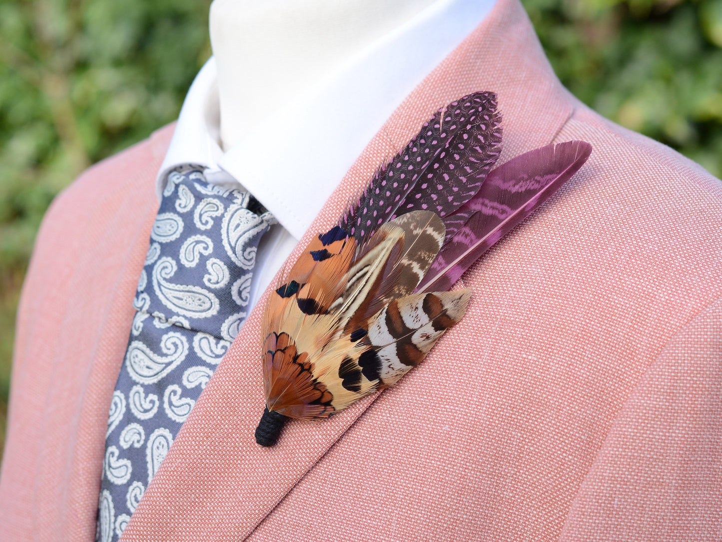 Plum Purple and Copper Pheasant Feather Lapel Pin No.291 | Unique Pheasant Feather Boutonniere