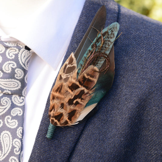 Teal Pheasant and Duck Feather Lapel Pin No.293 | Unique Duck Feather Boutonniere